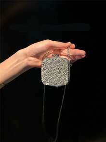 Women Evening Clutches,Mini Square Hard Box Crossbody Bag, Minimal Sparkly Luxury Style, For Club Cocktail Party Night Out Ladies All Seasons - Silver - View 6