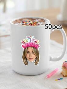 10/25/50pcs Customized Happy Birthday Crown Face Stickers, Personalized Photo Die-Cut Birthday Headband Face Stickers, Custom Photo Portrait Stickers, Girl Birthday Party Favors Cake Box Envelope Seal Decoration - Multicolor - View 10
