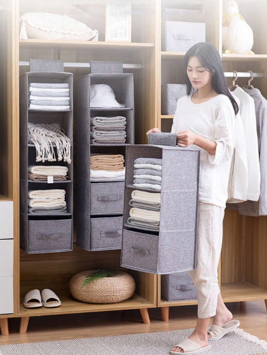 Multi-Layer Non-Woven Fabric Hanging Storage Bag, Closet Hanging Organizer, Fabric Multi-Layer Drawer-Style Hanging Bag, Clothes And Pants Compartment Storage Bag, Bedroom Multi-Function Hanging Storage Bag - Grey - View 1