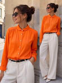 LuminousWealth Women's Elegant Long Sleeve Button-Up Shirt - Lightweight Non-Stretch, Classic Collar, Suitable For Spring/Summer/Autumn, Daily Fashion, Holiday, Party - Orange - View 4