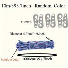 7pcs Set, 10m/393.7in Nylon Rope + 6 Hooks, For Fixing And Dragging Items, Camping Accessories, Indoor/Outdoor Clothesline, Random Rope Color, Clothesline - Nylon Rope - View 12