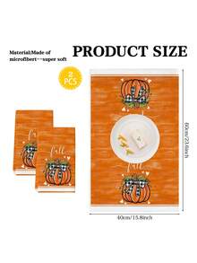 2Pcs Orange Wood Grain Fall Kitchen Towel Set, Buffalo Check Bow Pumpkin Heart Farmhouse Fall Thanksgiving Dish Hand Towels - Orange - View 2