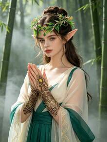 Women Elf Cosplay Accessories Set, Leaf Gem Headband, Pointed Elf Ears & Vintage Lace Gloves, For Halloween Renaissance Party Dress‑Up - Multicolor - View 6