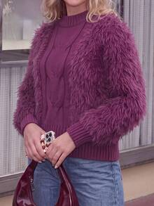 Fashionable Spring/Autumn New Stand Collar Fuzzy Trim Long Sleeve Sweater - Purple - View 4