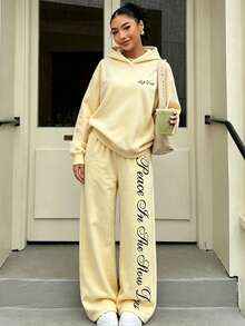 Lurzo Teen Girls Y2K Lazy Loose Sweatshirt Set, Cream Apricot Sweatshirt Paired With Side Print Wide Leg Pants, Suitable For Daily Shopping And Street Wear - Apricot - View 3