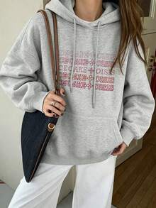 Women's Hooded Sweatshirt, Autumn/Winter New Letter Print, Drawstring Design, With Pockets, Casual Versatile Loose Top, Fashionable Daily Wear Fall - Dark Gray - View 8