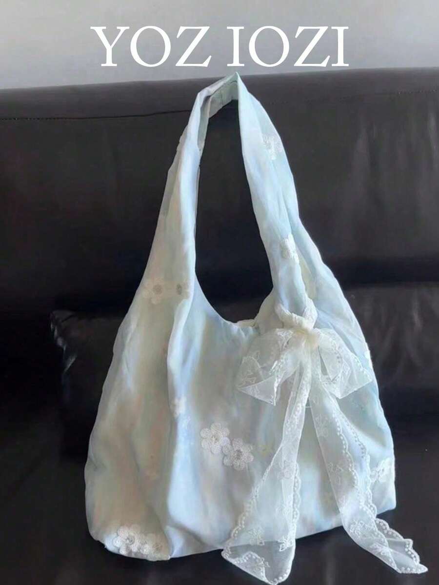 小眾設計 Ins 通勤外出日常購物 中式刺繡藝術清新仙氣布包 單肩腋下大容量托特包 側背包 - 淺藍色 - 查看 1