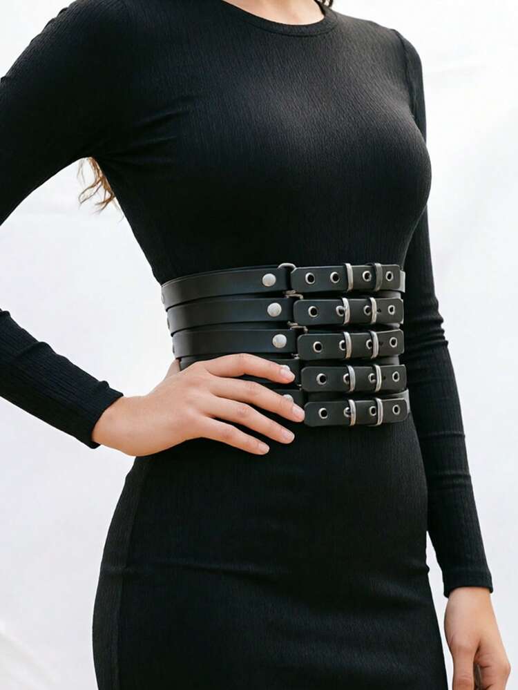 1pc Women's Dark Punk Fashion Perforated Metal Belt, Versatile Hollow Decorative Accessory - Black - View 4