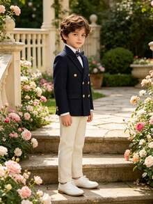 Boys Handsome Fashion Double-Breasted Gentleman Suit Set, Suit Jacket + Pants + Bow Tie, 3 Pieces Set, Suitable For Wedding, Flower Boy, Performance, Party, Banquet And Other Formal Occasions - Navy Blue - View 5