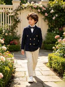 Boys Handsome Fashion Double-Breasted Gentleman Suit Set, Suit Jacket + Pants + Bow Tie, 3 Pieces Set, Suitable For Wedding, Flower Boy, Performance, Party, Banquet And Other Formal Occasions - Navy Blue - View 3