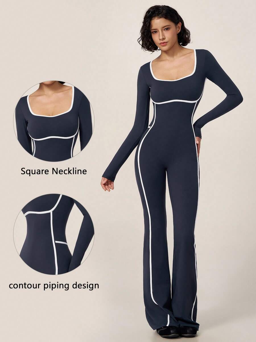 TimeOff Women's 1pc Colorblock White Line Square Neck Removable Padded Jumpsuit For Gym Running Sports - Navy Blue - View 1