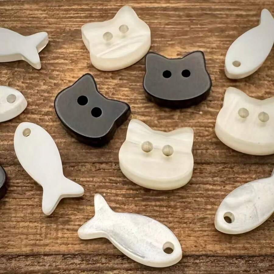 11/22/33Pcs Cat & Fish Shaped Sewing Buttons, Double Hole Faux Pearl Shell Texture Decorative Buttons, Black & White Animal Buttons, Suitable For Clothing, Sweaters, Crochet, Scrapbooking, Handmade Jewelry DIY Materials, Random Color - Multicolor - View 1