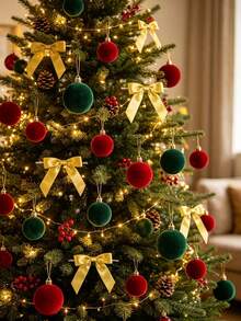 1 Set Flocked Christmas Decorations With Gold Bows, Suitable For Christmas Tree, Wreath, Stair Railing And Indoor Patio, Perfect For Party, New Year Decoration, Winter Christmas Scene, Gift And Home Decor - A - View 1