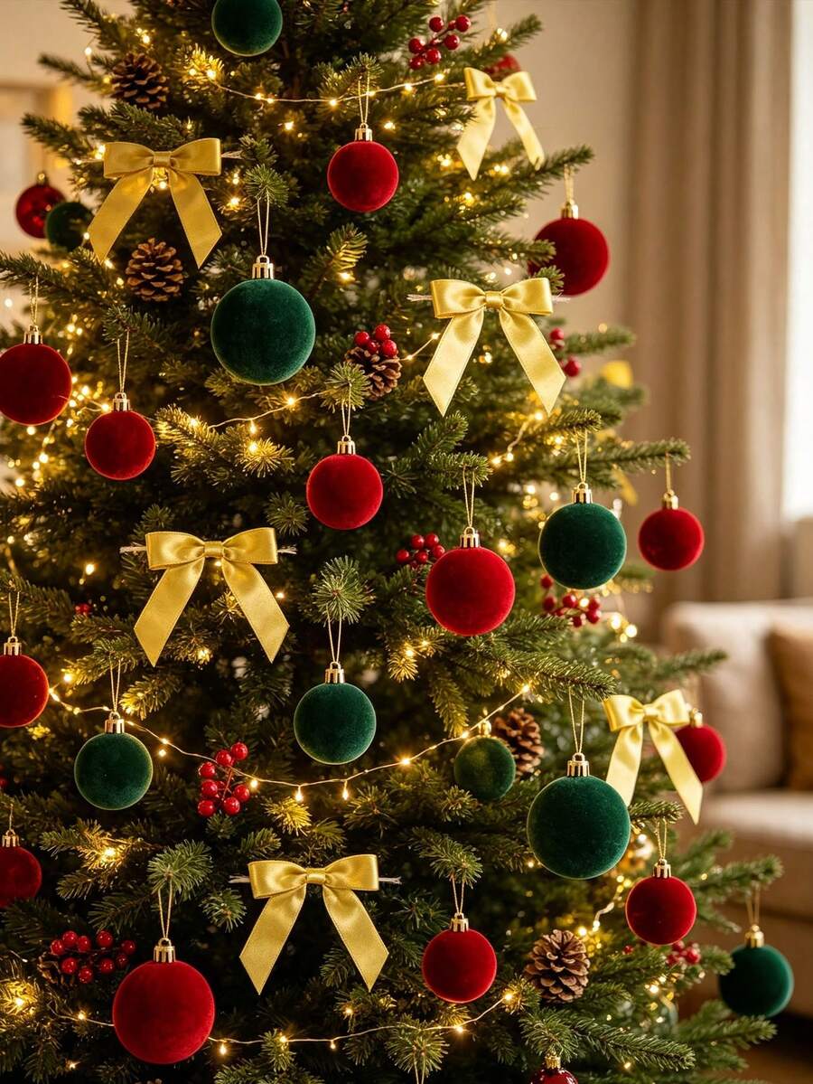 1 Set Flocked Christmas Decorations With Gold Bows, Suitable For Christmas Tree, Wreath, Stair Railing And Indoor Patio, Perfect For Party, New Year Decoration, Winter Christmas Scene, Gift And Home Decor - A - View 1