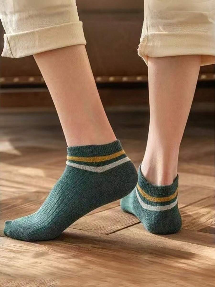 5/10/15 Pairs Unisex Contrast Striped Short Socks, Ribbed Knit Low-Cut Casual Socks, Soft Comfortable Multi-Color Versatile Daily Socks - Multicolor - View 1