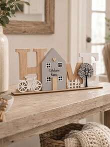 1pc Rustic Wooden "HOME" Desktop Decor With "Welcome Home" Lettering, Bicycle And Tree Pattern, Suitable For Farmhouse Style Shelf, Living Room, Entryway, Mantel Display Or As Desktop Decoration - Multicolor - View 4