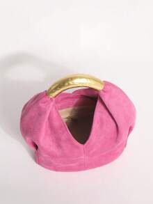 1pc Rose Red Textured Velvet Ruffled Design Vintage Metal Hardware Handbag Exquisite Fashion Zipper Bucket Bag Suitable For Commuting And Shopping - Hot Pink - View 8