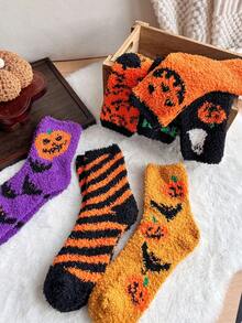 1/3/5 Pairs Halloween Theme Coral Thermal Socks, Thickened Warm Thermal Lined, Anti-Cold Home Floor Socks, Maternity Socks, Couple Socks, Autumn/Winter - Multicolor - View 2