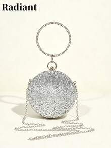 Luxury Glitter Round Evening Clutch Round Hard Frame Bag Rhinestone Ring Handle Fashionable Women's Handbag Suitable For Weddings And Evening Events - Silver - View 1