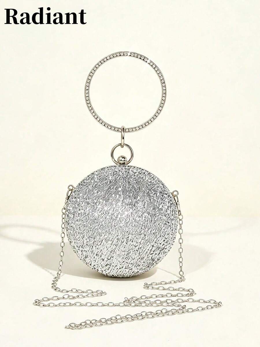 Luxury Glitter Round Evening Clutch Round Hard Frame Bag Rhinestone Ring Handle Fashionable Women's Handbag Suitable For Weddings And Evening Events - Silver - View 1