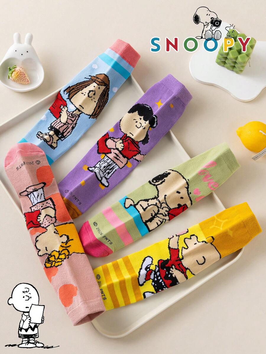 1/5/10 Pairs Snoopy Women's Mid-Calf Socks, Striped Heart Pattern Colorful Fun Autumn/Winter Socks - Multicolor - View 1