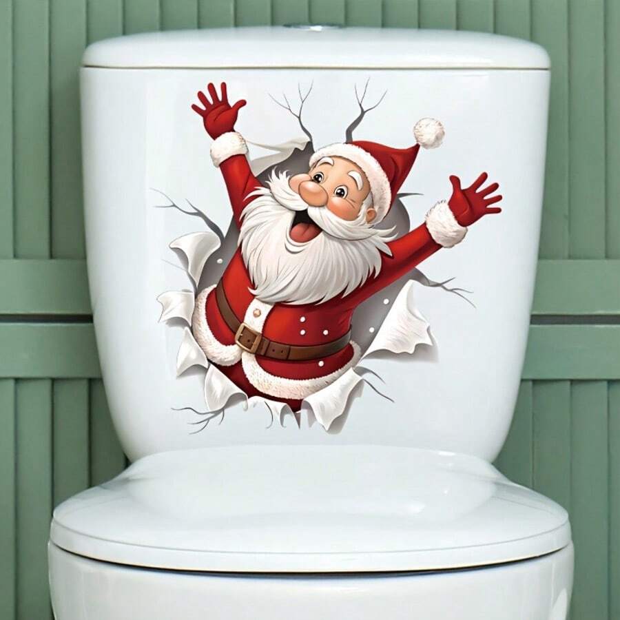 1pc Santa Claus Breaking Through Wall Toilet Sticker, Self-Adhesive PVC Matte Bathroom Decor, Removable No Residue, Cartoon Christmas Design With Dynamic Santa And Snowflake Tear Effect, For Toilet And Home Holiday Decoration To Create Festive Atmosphere - one-size - View 1