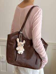 Metal Buckle Detail Decor Large Capacity Storage Zipper Closure Relaxed Minimalist Style Shoulder Tote Bag Daily Commute School Travel Vibe Shoulder Big Bag - Brown - View 5