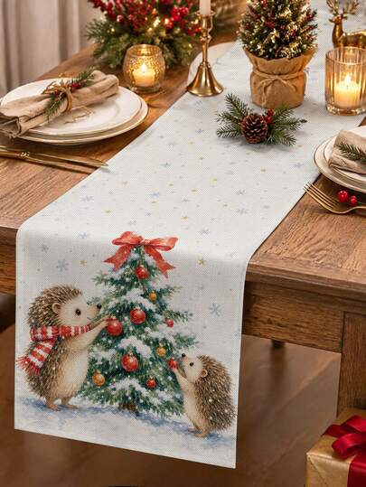 Christmas Table Runner, Pillow, Placemat With Cute Hedgehog, Christmas Tree And Snowflake Print, Playful And Cozy Style, Holiday Kitchen And Dining Room Tabletop Decoration