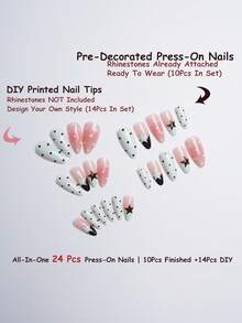 24pcs Y2K Sweet & Cool Style Press-On Nails, Almond Shaped Fake Nails, Mint Green & Nude Pink Gradient, Black Star Print, Polka Dot & Black French Tip Design, Reusable Adhesive Fake Nails, Suitable For Daily Wear And Dates - You Make Me Melt - View 4