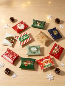 12Pcs Christmas Pillow Paper Gift Boxes Xmas Candy Cookie Treat Box Santa Snowman Reindeer Pattern Holiday Party Favor Packaging - View 5