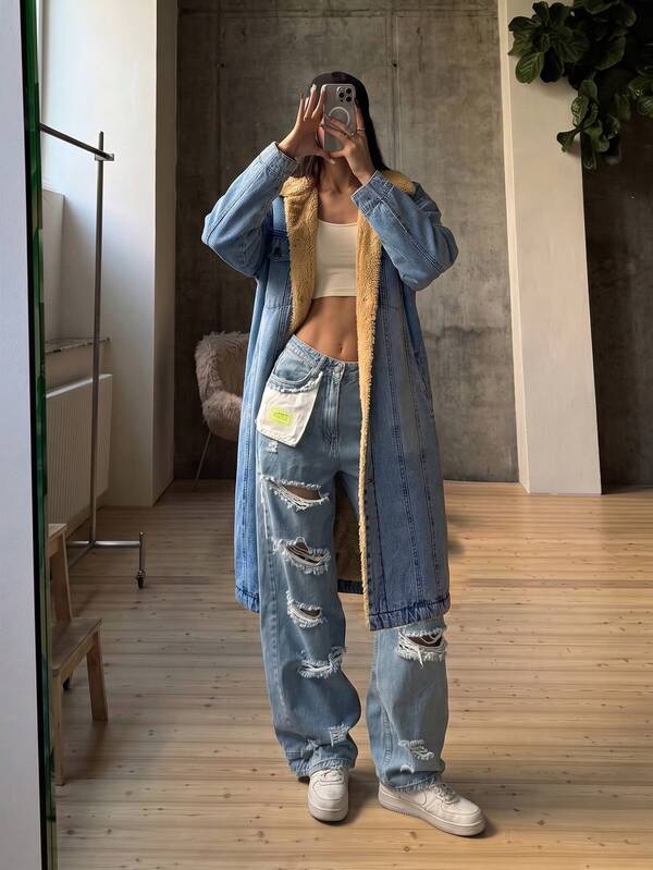 Mobula Sound#Herbst/Winter Vielseitige Mode Denim Jacke mit Vorderknöpfen, Thermofutter, geeignet für Urlaub, Alltag, Reisen, Flughafen Outfit für Frauen