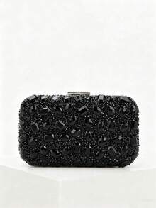 Women's Luxury Sparkling Crystal Decorated Square Box Clutch, Detachable Metal Chain Shoulder Strap, Wedding Accessory - Black - View 3