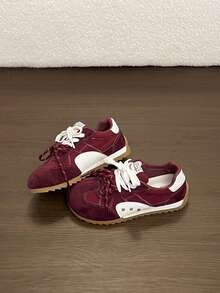 Sepatu Sneakers Wanita Bertali Rendah, Desain Patchwork Berlapis - Merah - View 4