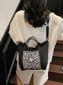 超人氣可愛刺繡帆布水桶包，女款時尚防水尼龍手提手機包，花卉刺繡帆布托特包，大容量抽繩托特包，可斜背或手提，休閒通勤布包，女款手提包，可拆卸肩帶 - 彩色 - 查看 8