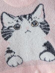 Girls Sweet Cute Cat Jacquard Round Neck Long Sleeve Sweater Knit Pullover Faux Mink Fur Casual Versatile Short Style Suitable For Daily Wear Campus Spring Autumn Winter - Pink - View 3