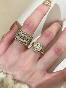 6pcs Old Money Style! Luxurious Cubic Zirconia Multi-Element Ring Set Suitable For Women's Banquet And Party Wear (Gift Box Not Included) - Yellow Gold - View 7