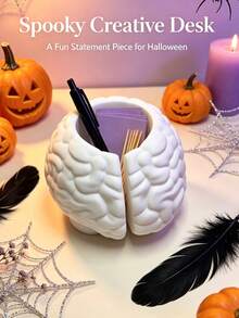 Novelty Brain‑Shaped Makeup Brush Holder, Creative Dual‑Grid Desktop Pen Cup, Vanity Cosmetic Eyebrow Brush Storage Box, Fun Halloween Decor Ornament, Office Stationery Sundries Organizer Bucket - Multicolor - View 10