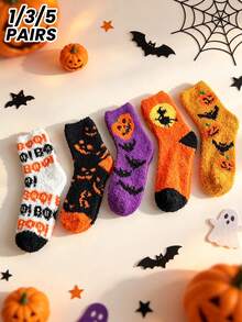 1/3/5 Pairs Halloween Theme Coral Thermal Socks, Thickened Warm Thermal Lined, Anti-Cold Home Floor Socks, Maternity Socks, Couple Socks, Autumn/Winter - Multicolor - View 1