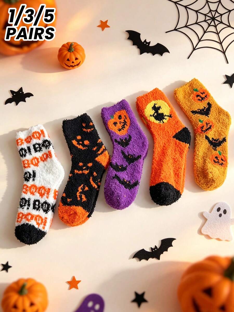 1/3/5 Pairs Halloween Theme Coral Thermal Socks, Thickened Warm Thermal Lined, Anti-Cold Home Floor Socks, Maternity Socks, Couple Socks, Autumn/Winter - Multicolor - View 1