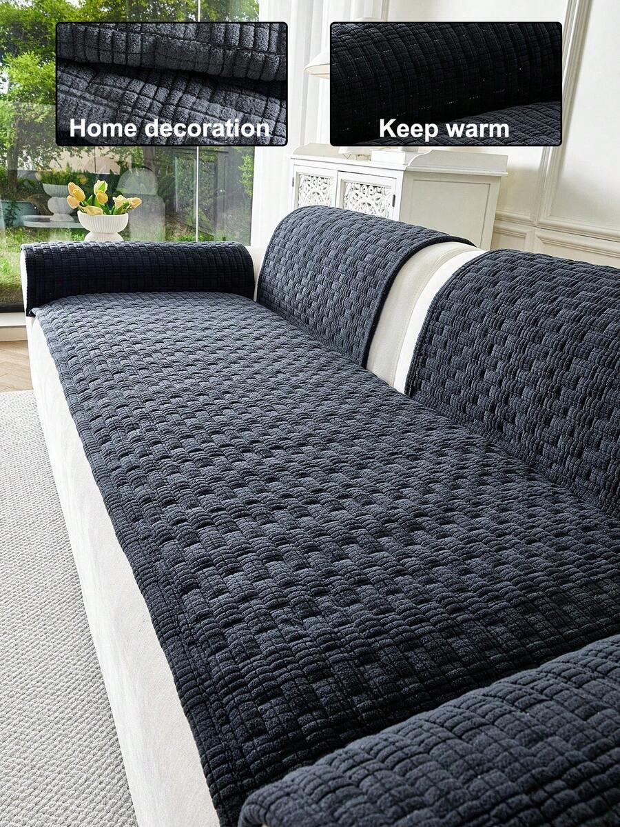 1pc Thickened Plush Sofa Cover, Jacquard Quilted Craftsmanship, Warm & Soft, Pet-Friendly, Dirt & Scratch Resistant, Suitable For All Seasons, Applicable For 1/2/3/4 Seater Sofa - Dark Grey - View 1