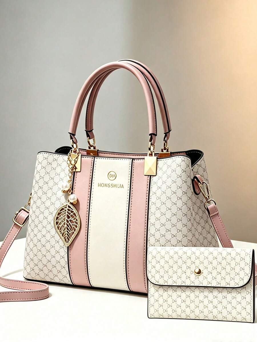 Luxury Letter Print 2-In-1 Tote Bag Set, Elegant Brown Crossbody Bag With Detachable Shoulder Strap And Matching Wallet - Beige - View 1