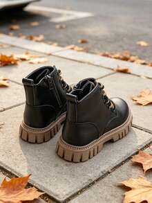 1 Pair Kids Classic Round Toe Side Zipper Boots With Contrast Color Shoelace Decor, Suitable For Holiday Outings, School Commute, All Seasons - Black - View 8