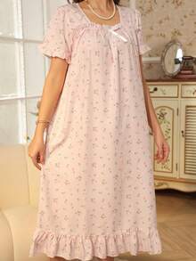 RS Pajama1 Floral Print Bubble Crepe Ruffle Short Sleeve Nightgown With Bow Decor, Square Neck - Pink - View 4