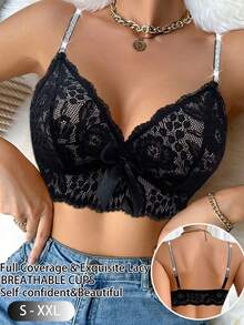 1pc Women's Casual Solid Color Lace Patchwork Sexy & Comfortable Minimalist Sports Bra - Black - View 6