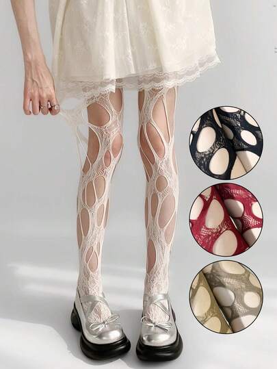 Women's Hollow Fishnet Tights, Asymmetrical Ripped Lace Pantyhose, Gothic Y2K Fishnet Stockings, Suitable For Cosplay Party Daily Wear