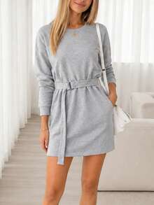 Women's Fashion Versatile Long Sleeve Double Pocket Dress For Daily Wear - Grey - View 4