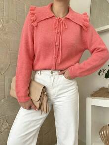 Women's Autumn/Winter Vintage Large Lapel Ruffle Knit Cardigan, Girlish Frill Collar Knit Cardigan Fall - Watermelon Pink - View 10