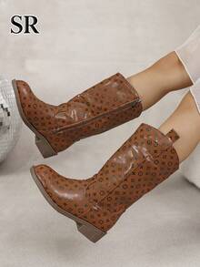 Children's Vintage All-Over Print Side Zipper Western Boots, Fashionable & Exquisite Mid-Calf Boots, Suitable For Daily Wear, Autumn/Winter Essential Item - Brown - View 3