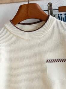 Boys Round Neck Long Sleeve Knit Sweater With Chest Pocket, Contrast Color Stripe Accents, Simple Casual Versatile Pullover, Suitable For School Daily Wear In Autumn/Winter - Apricot - View 3