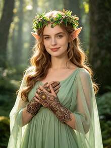 Women Elf Cosplay Accessories Set, Leaf Gem Headband, Pointed Elf Ears & Vintage Lace Gloves, For Halloween Renaissance Party Dress‑Up - Multicolor - View 5